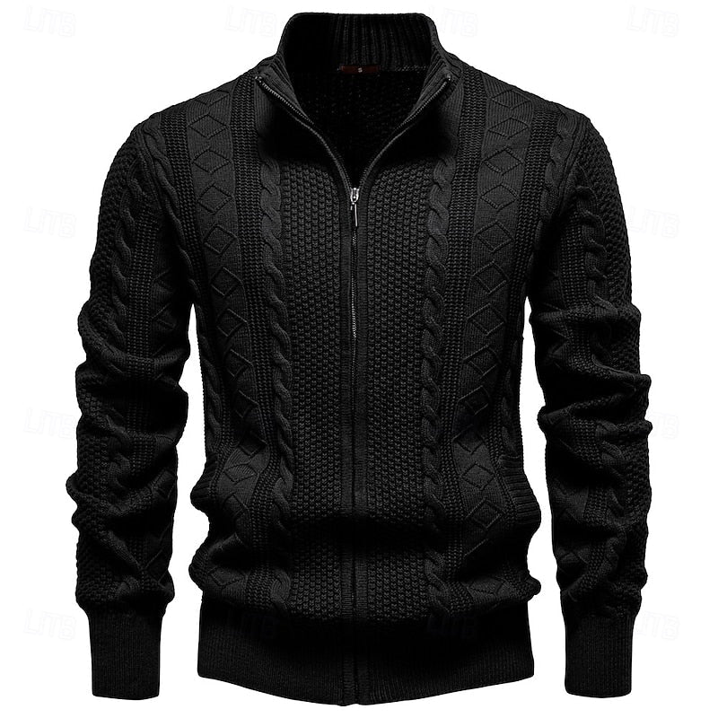 Cable Knit Zip-Up Cardigan Men's Stand Collar Sweater Jacket – Casual, Office, Gift