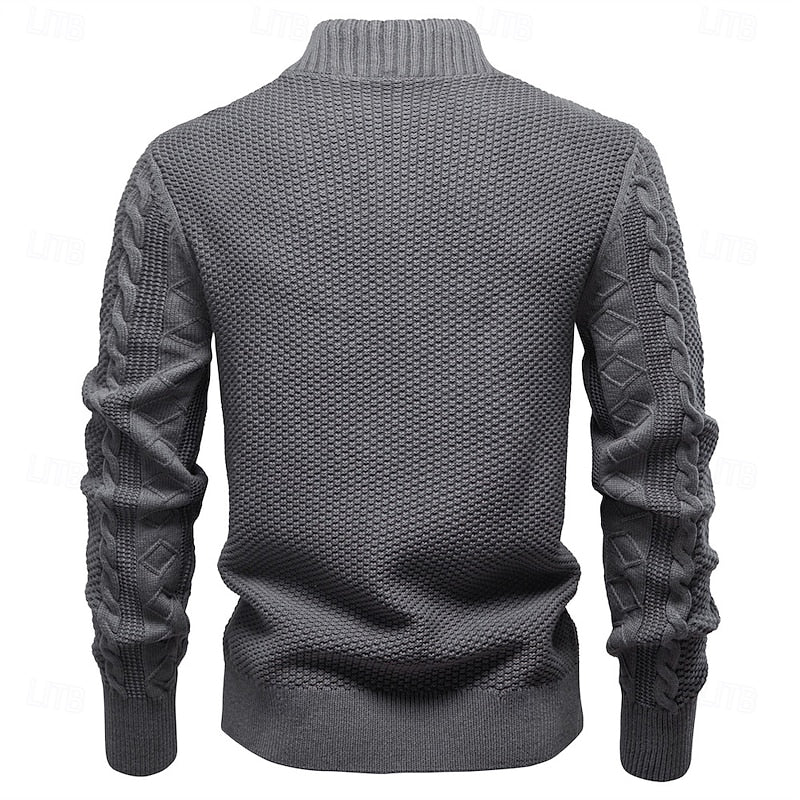 Cable Knit Zip-Up Cardigan Men's Stand Collar Sweater Jacket – Casual, Office, Gift