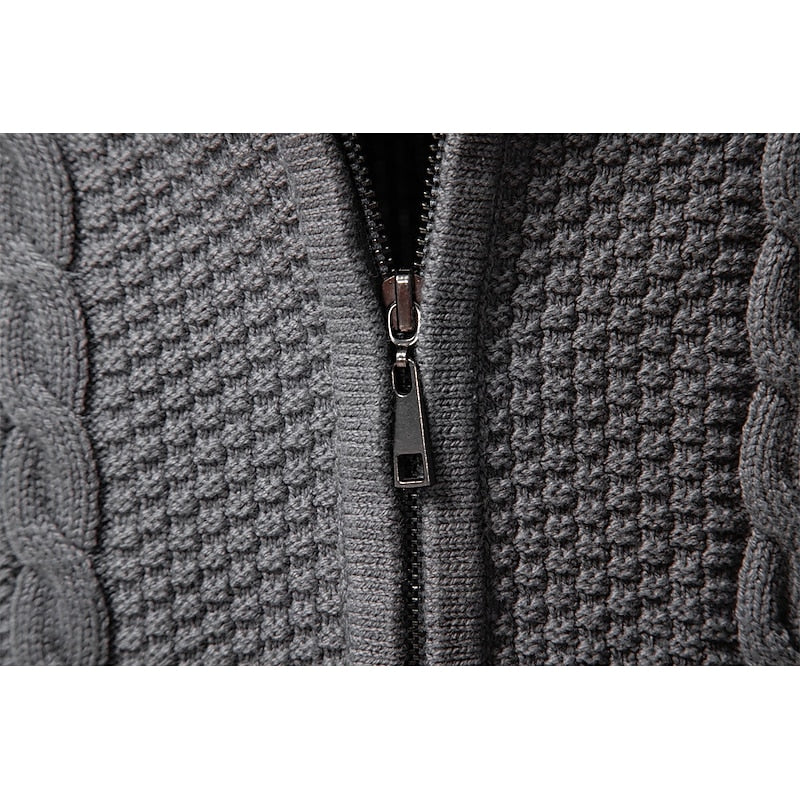 Cable Knit Zip-Up Cardigan Men's Stand Collar Sweater Jacket – Casual, Office, Gift