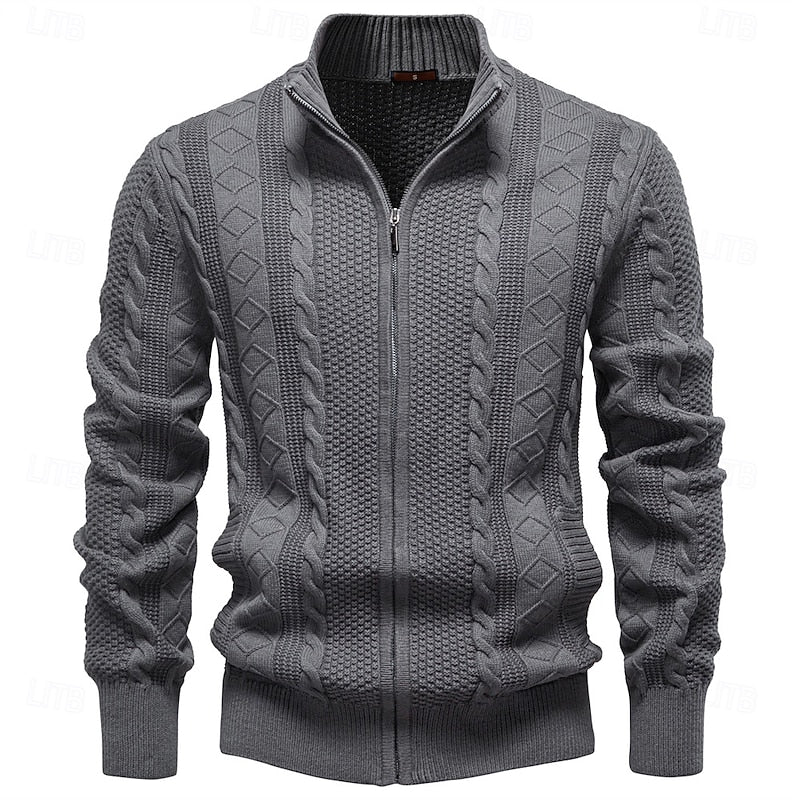Cable Knit Zip-Up Cardigan Men's Stand Collar Sweater Jacket – Casual, Office, Gift