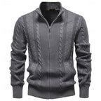 Cable Knit Zip-Up Cardigan Men's Stand Collar Sweater Jacket – Casual, Office, Gift