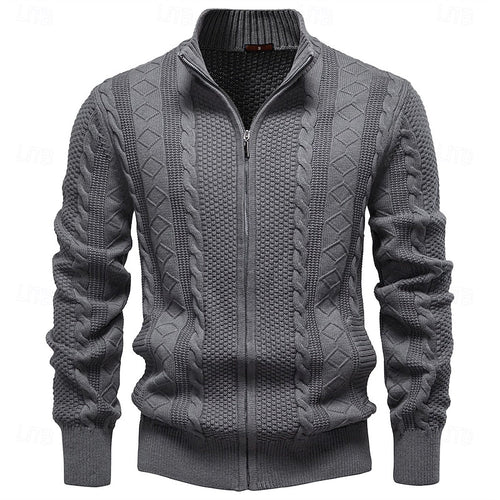 Cable Knit Zip-Up Cardigan Men's Stand Collar Sweater Jacket – Casual, Office, Gift