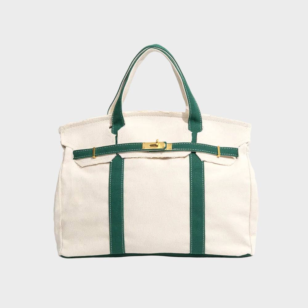 Canvas Tote Bag Beige Navy Trim Women's Handbag with Gold Turn-Lock – Travel, Everyday
