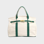 Canvas Tote Bag Beige Navy Trim Women's Handbag with Gold Turn-Lock – Travel, Everyday