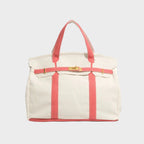 Canvas Tote Bag Beige Navy Trim Women's Handbag with Gold Turn-Lock – Travel, Everyday