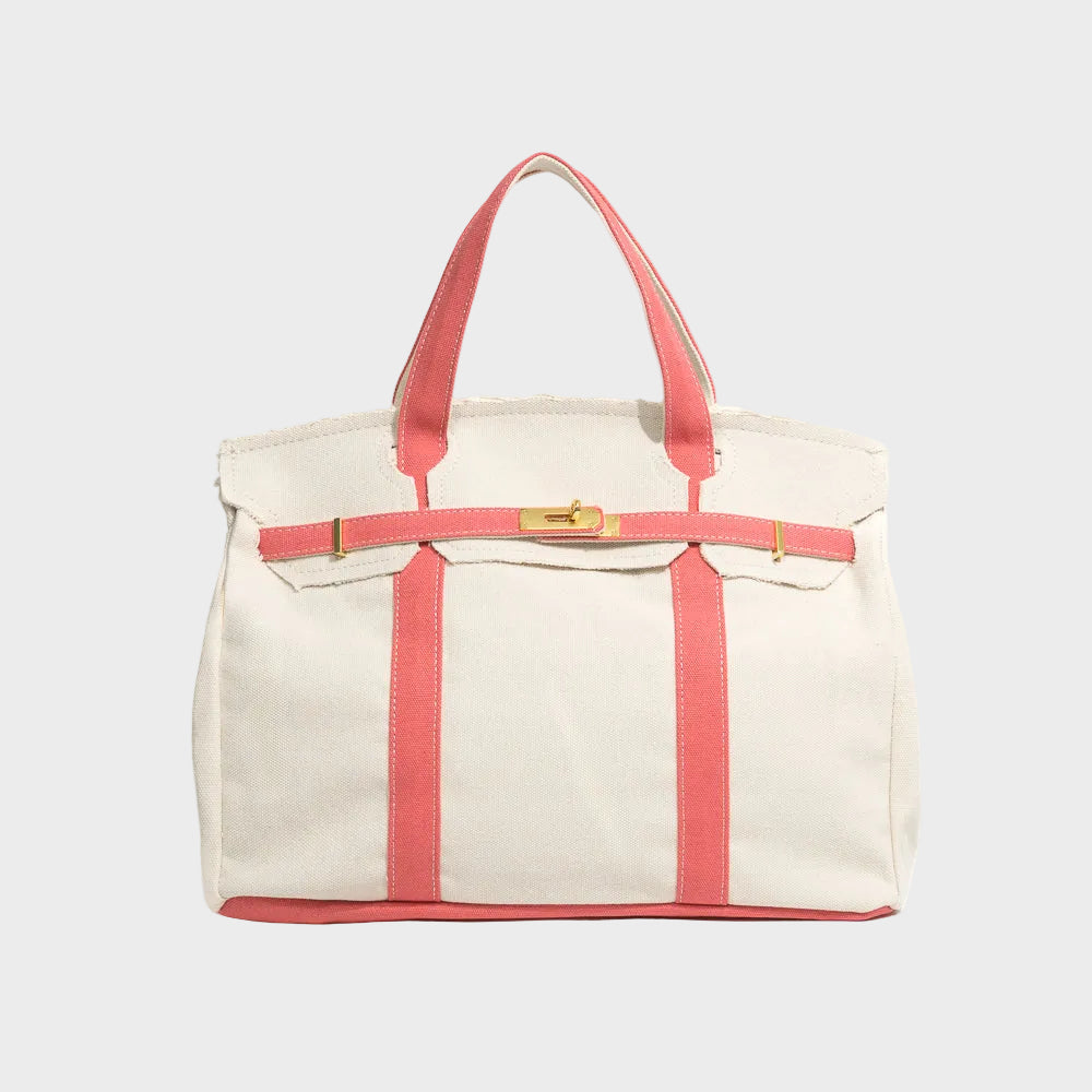 Canvas Tote Bag Beige Navy Trim Women's Handbag with Gold Turn-Lock – Travel, Everyday