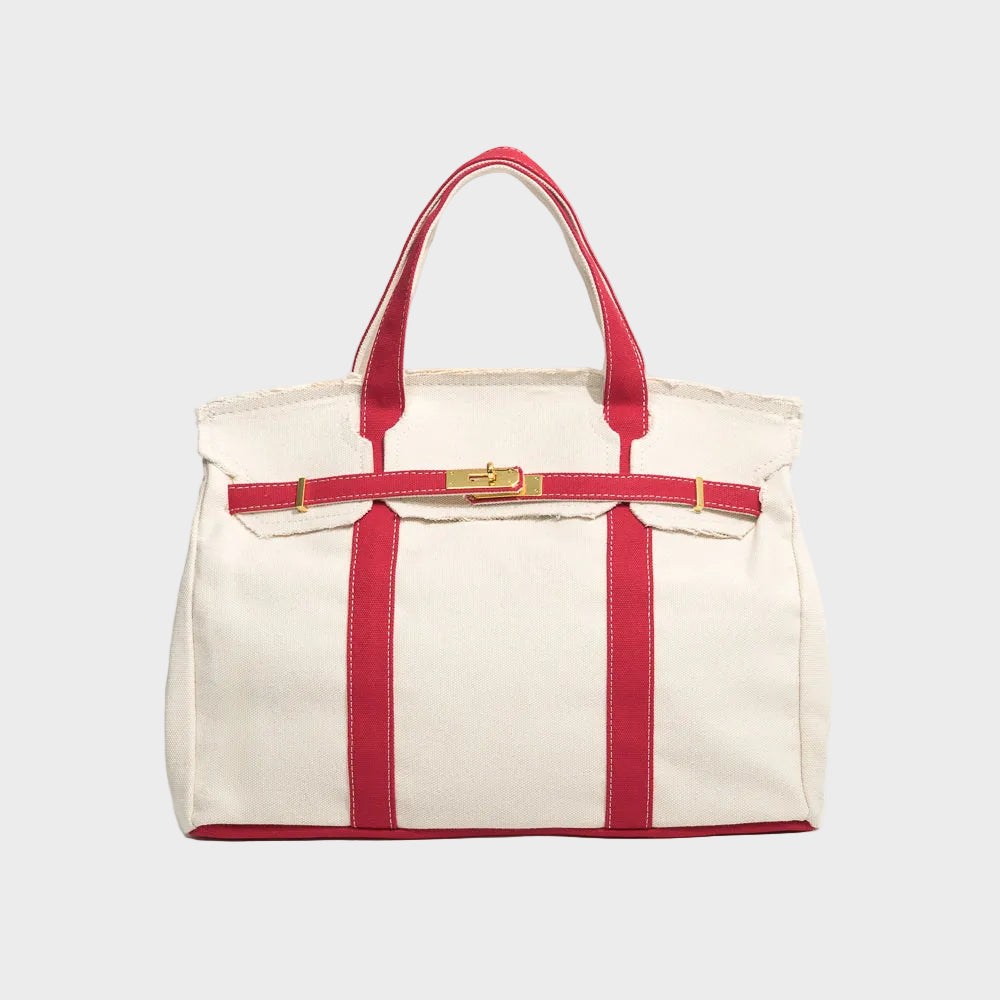 Canvas Tote Bag Beige Navy Trim Women's Handbag with Gold Turn-Lock – Travel, Everyday
