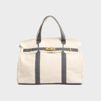 Canvas Tote Bag Beige Navy Trim Women's Handbag with Gold Turn-Lock – Travel, Everyday