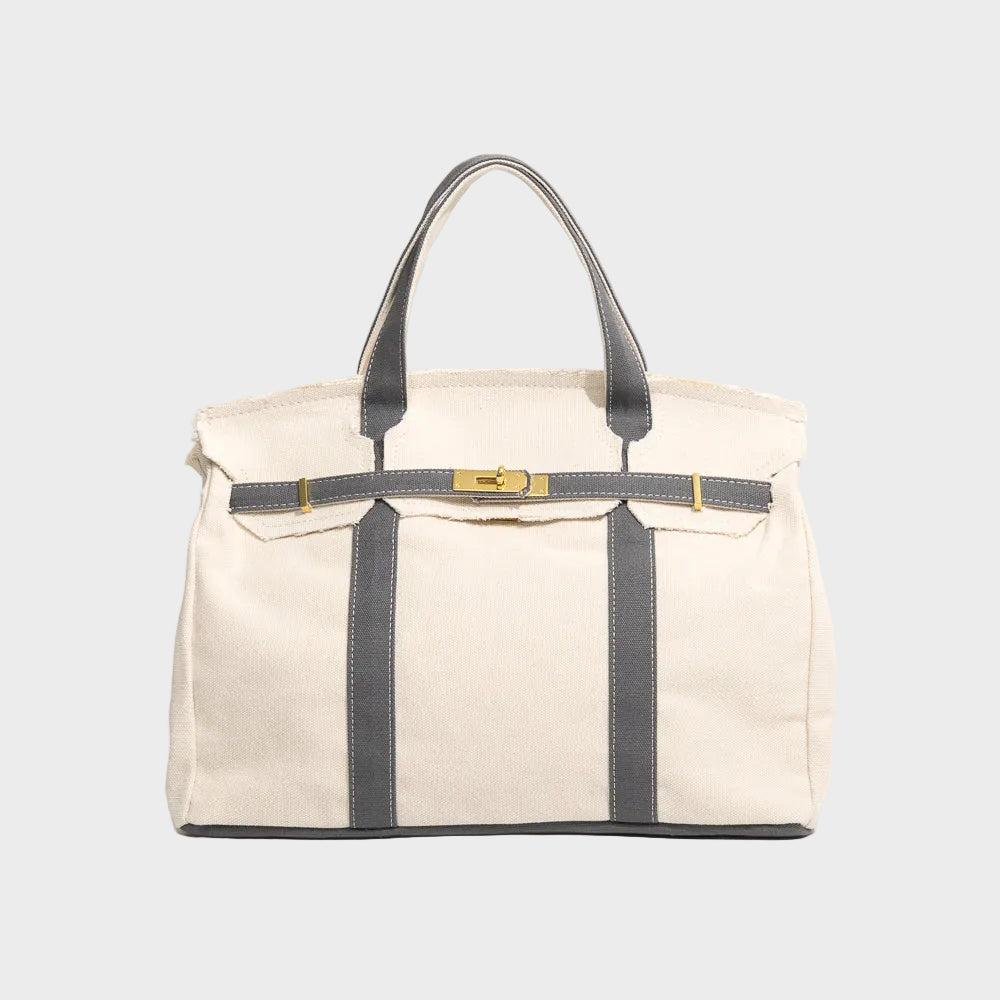 Canvas Tote Bag Beige Navy Trim Women's Handbag with Gold Turn-Lock – Travel, Everyday