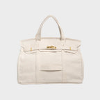 Canvas Tote Bag Beige Navy Trim Women's Handbag with Gold Turn-Lock – Travel, Everyday