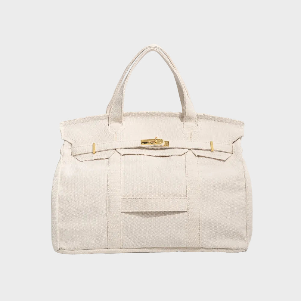 Canvas Tote Bag Beige Navy Trim Women's Handbag with Gold Turn-Lock – Travel, Everyday