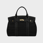 Canvas Tote Bag Beige Navy Trim Women's Handbag with Gold Turn-Lock – Travel, Everyday