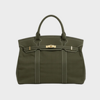 Canvas Tote Bag Beige Navy Trim Women's Handbag with Gold Turn-Lock – Travel, Everyday