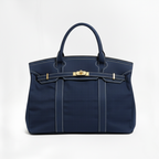 Canvas Tote Bag Beige Navy Trim Women's Handbag with Gold Turn-Lock – Travel, Everyday