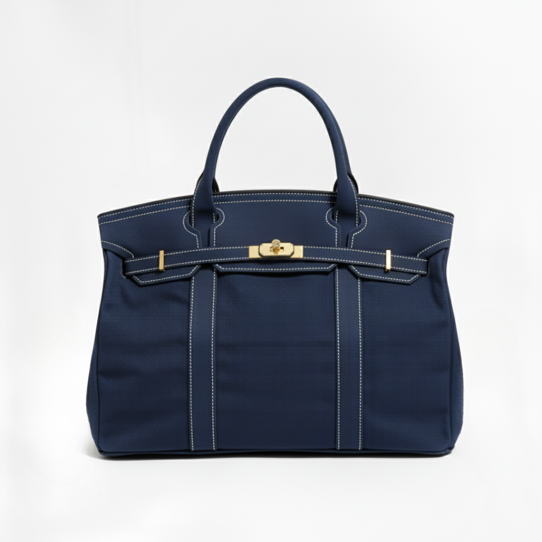 Canvas Tote Bag Beige Navy Trim Women's Handbag with Gold Turn-Lock – Travel, Everyday