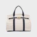 Canvas Tote Bag Beige Navy Trim Women's Handbag with Gold Turn-Lock – Travel, Everyday