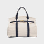 Canvas Tote Bag Beige Navy Trim Women's Handbag with Gold Turn-Lock – Travel, Everyday