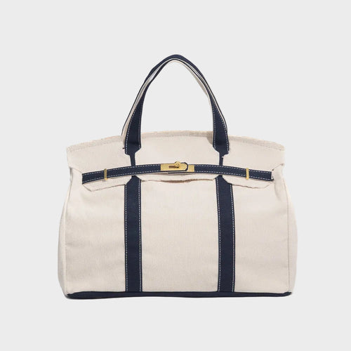 Canvas Tote Bag Beige Navy Trim Women's Handbag with Gold Turn-Lock – Travel, Everyday