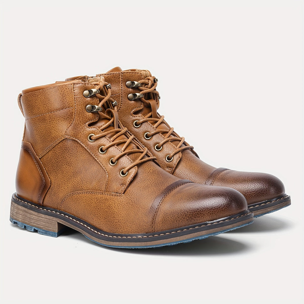 Cap-Toe Ankle Boots Men's Brown Leather Lace-Up Side Zip – Casual, Office, Everyday, Gift