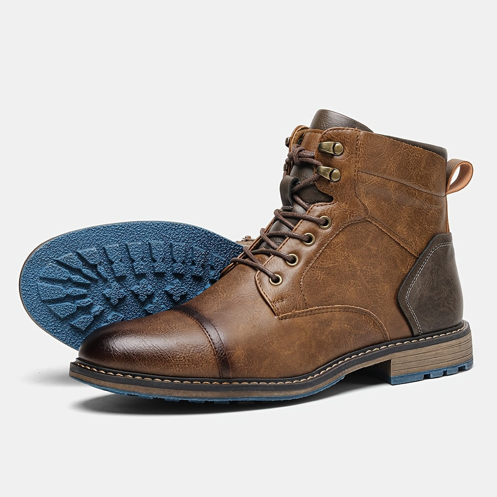 Cap-Toe Ankle Boots Men's Brown Leather Lace-Up Side Zip – Casual, Office, Everyday, Gift