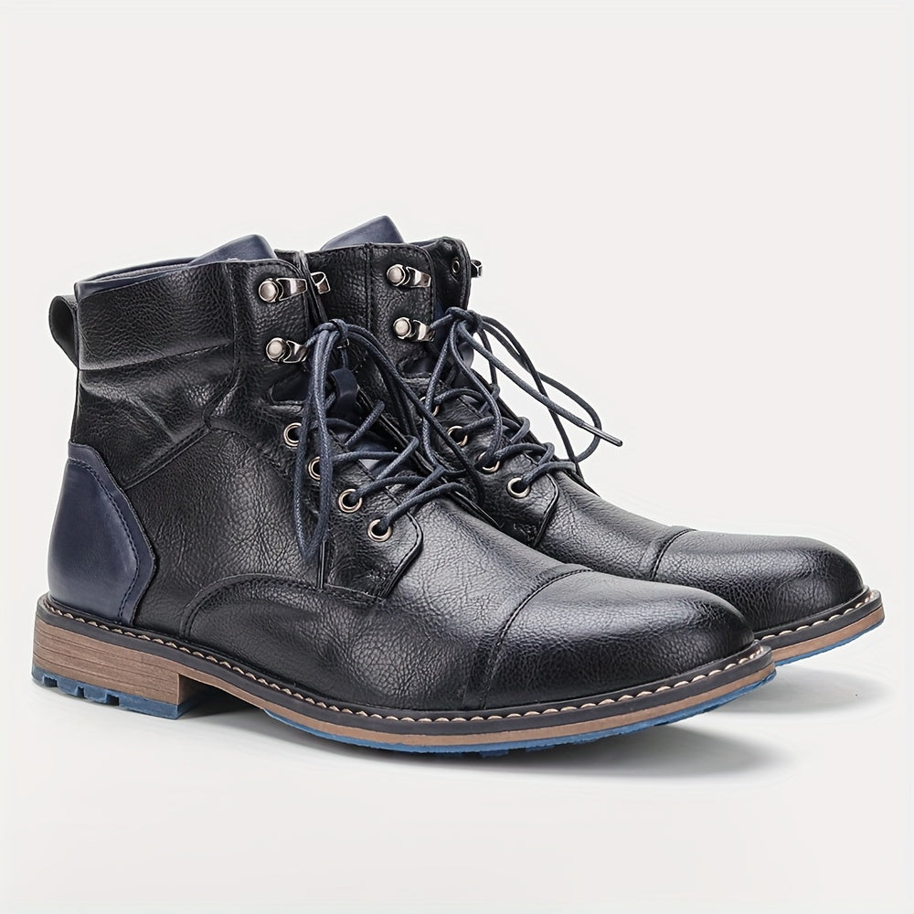 Cap-Toe Ankle Boots Men's Brown Leather Lace-Up Side Zip – Casual, Office, Everyday, Gift