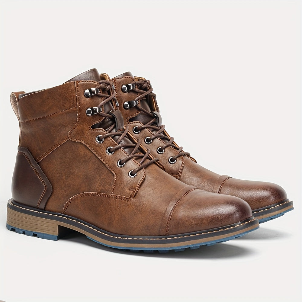 Cap-Toe Ankle Boots Men's Brown Leather Lace-Up Side Zip – Casual, Office, Everyday, Gift