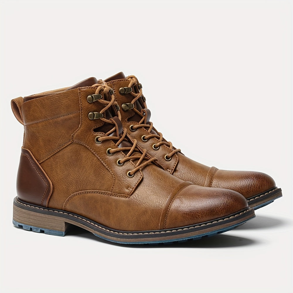 Cap-Toe Ankle Boots Men's Brown Leather Lace-Up Side Zip – Casual, Office, Everyday, Gift