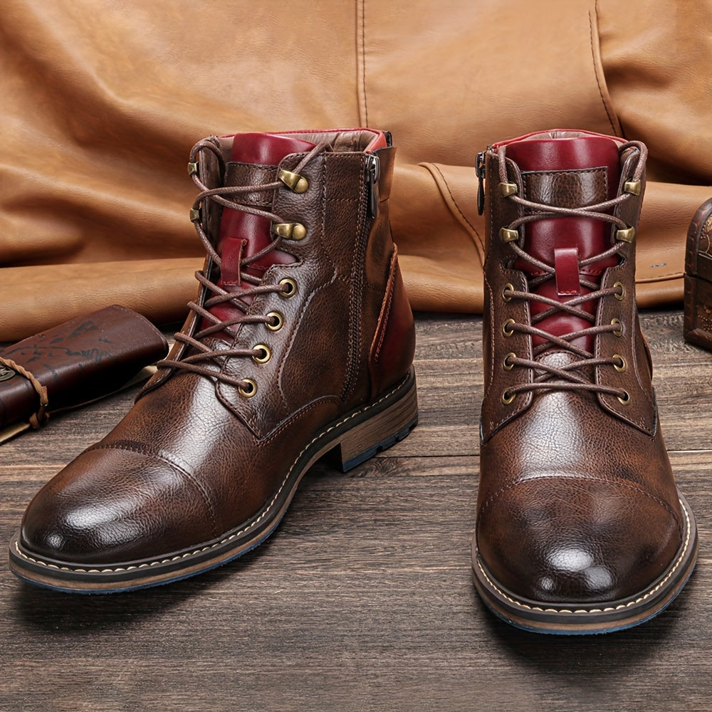 Cap-Toe Ankle Boots Men's Brown Leather Lace-Up Side Zip – Casual, Office, Everyday, Gift