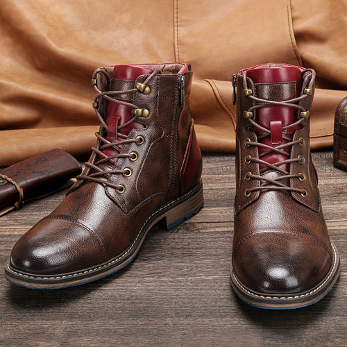 Cap-Toe Ankle Boots Men's Brown Leather Lace-Up Side Zip – Casual, Office, Everyday, Gift