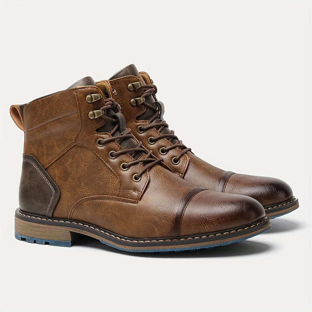 Cap-Toe Ankle Boots Men's Brown Leather Lace-Up Side Zip – Casual, Office, Everyday, Gift
