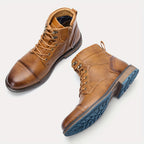 Cap-Toe Ankle Boots Men's Brown Leather Lace-Up Side Zip – Casual, Office, Everyday, Gift