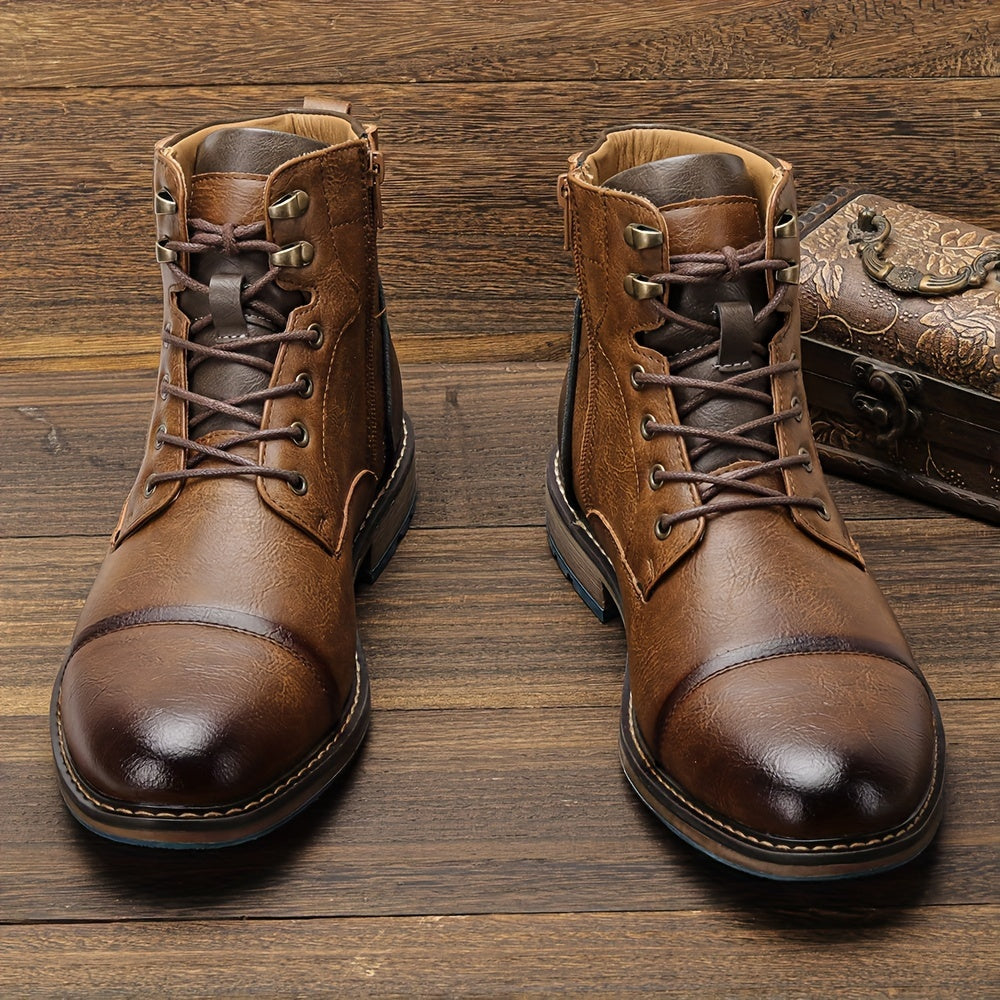 Cap-Toe Ankle Boots Men's Brown Leather Lace-Up Side Zip – Casual, Office, Everyday, Gift