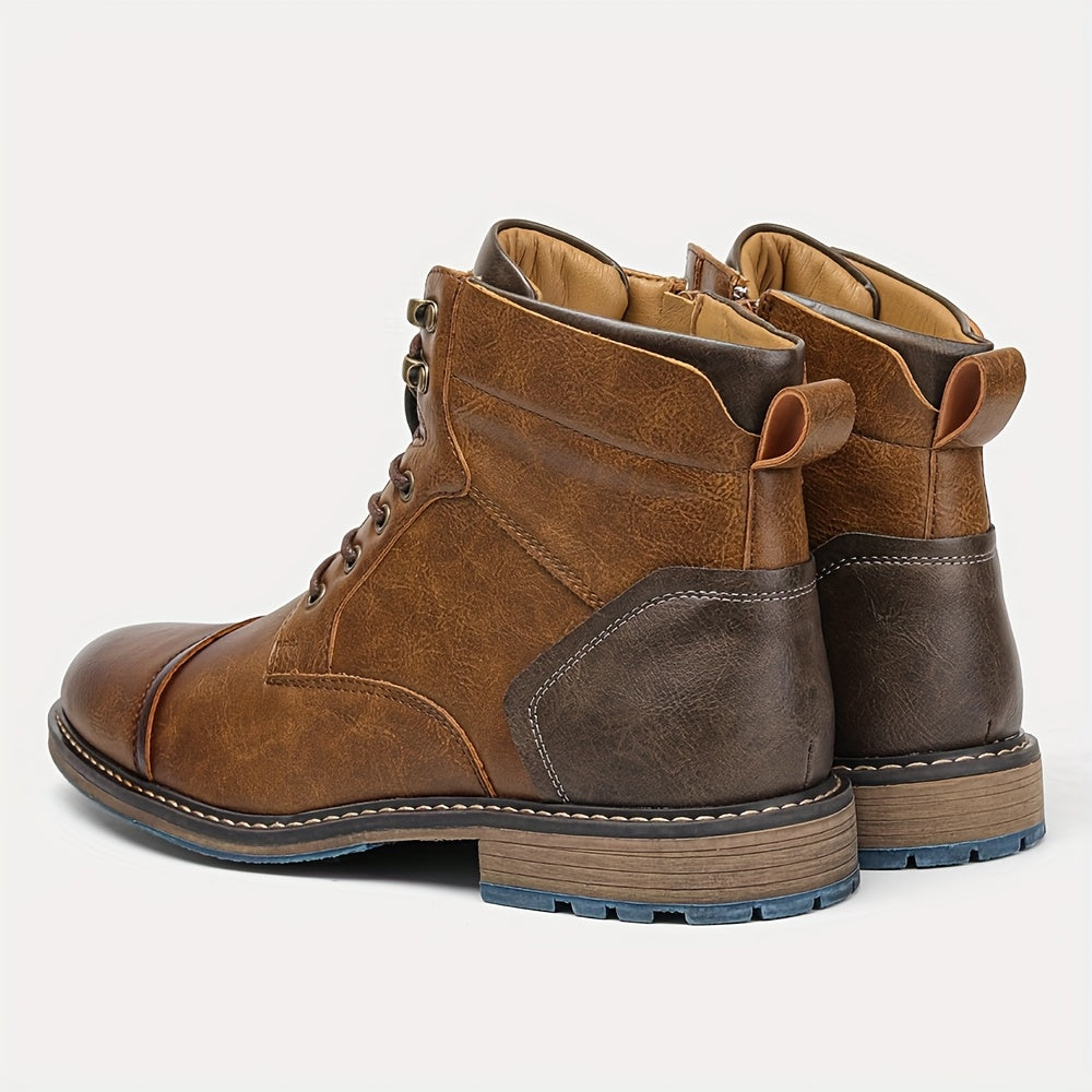 Cap-Toe Ankle Boots Men's Brown Leather Lace-Up Side Zip – Casual, Office, Everyday, Gift