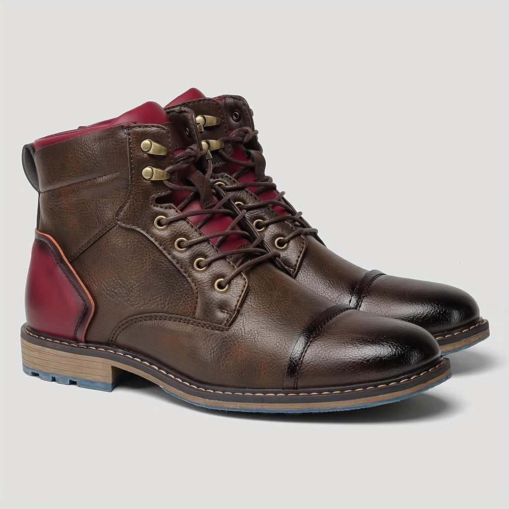 Cap-Toe Ankle Boots Men's Brown Leather Lace-Up Side Zip – Casual, Office, Everyday, Gift
