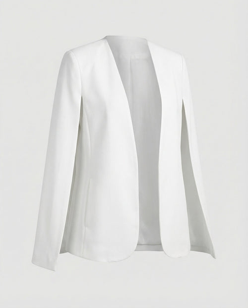 Cape Blazer Women's White Collarless Open-Front Jacket – Office, Evening, Wedding, Gift