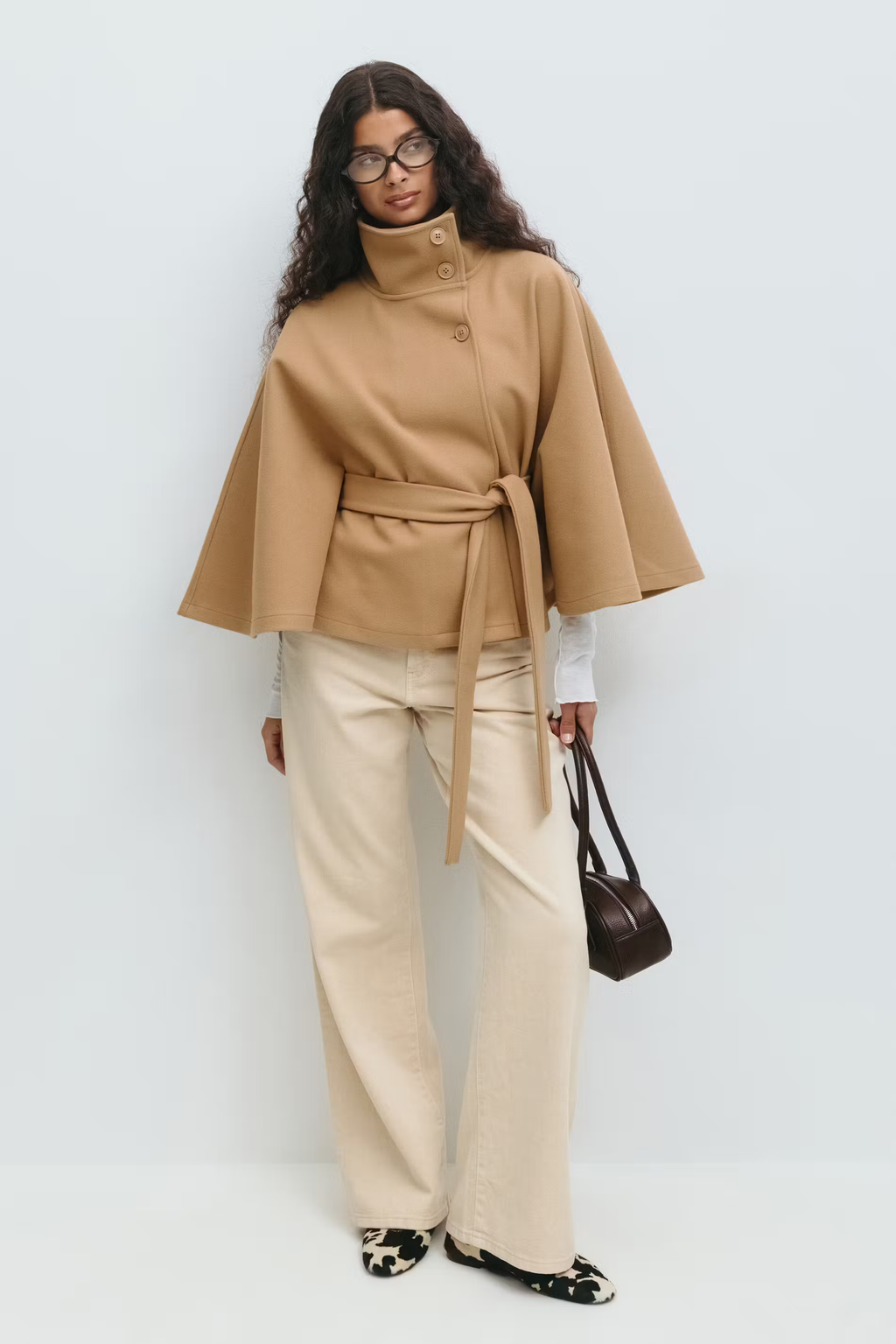 Cape Coat Belted Cream High Neck Women's – Casual, Office, Holiday, Gift · Faylori