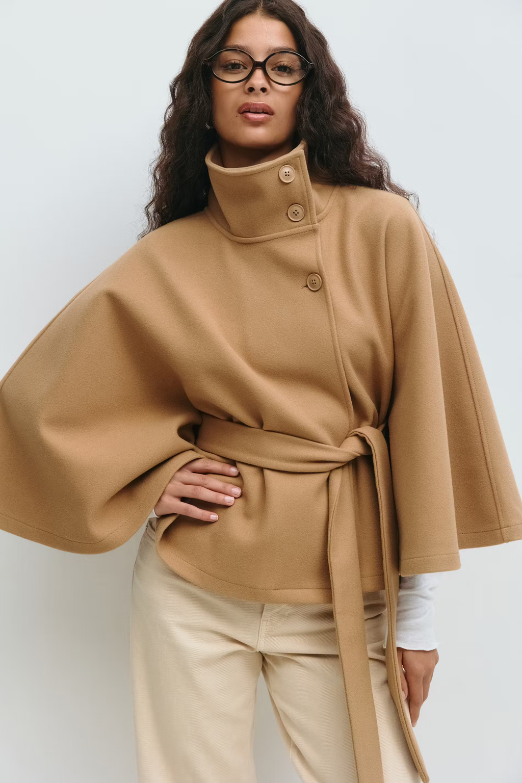 Cape Coat Belted Cream High Neck Women's – Casual, Office, Holiday, Gift · Faylori