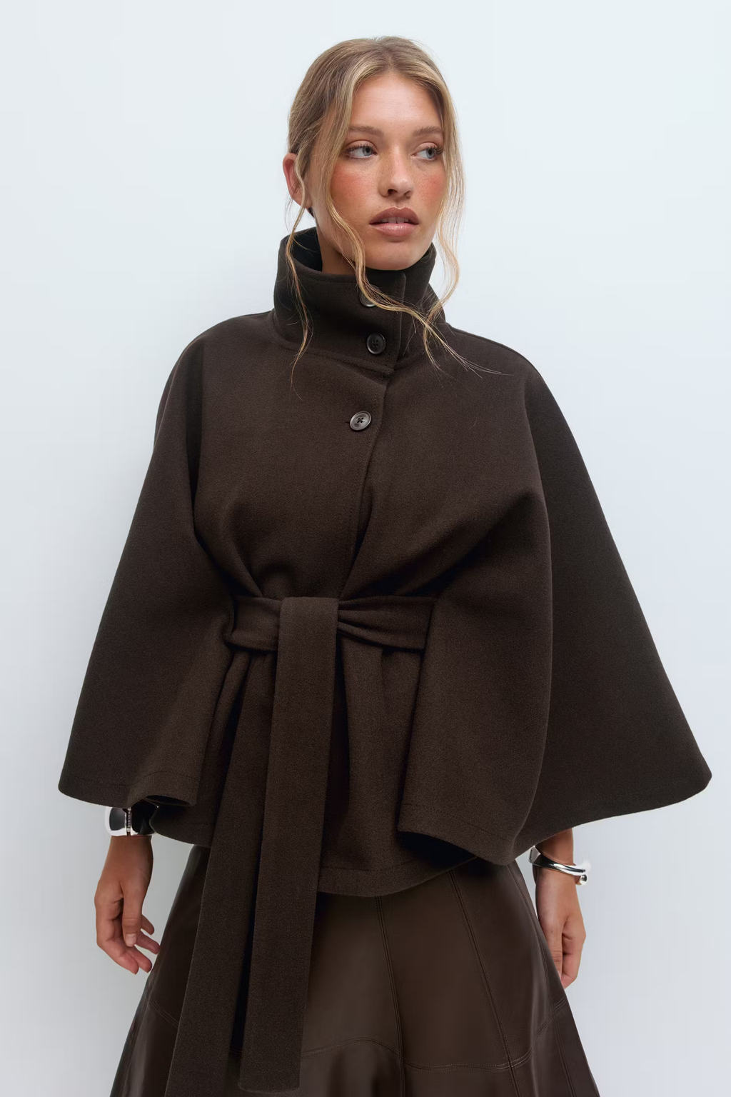 Cape Coat Belted Cream High Neck Women's – Casual, Office, Holiday, Gift · Faylori