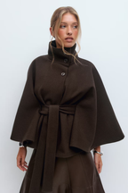 Cape Coat Belted Cream High Neck Women's – Casual, Office, Holiday, Gift · Faylori