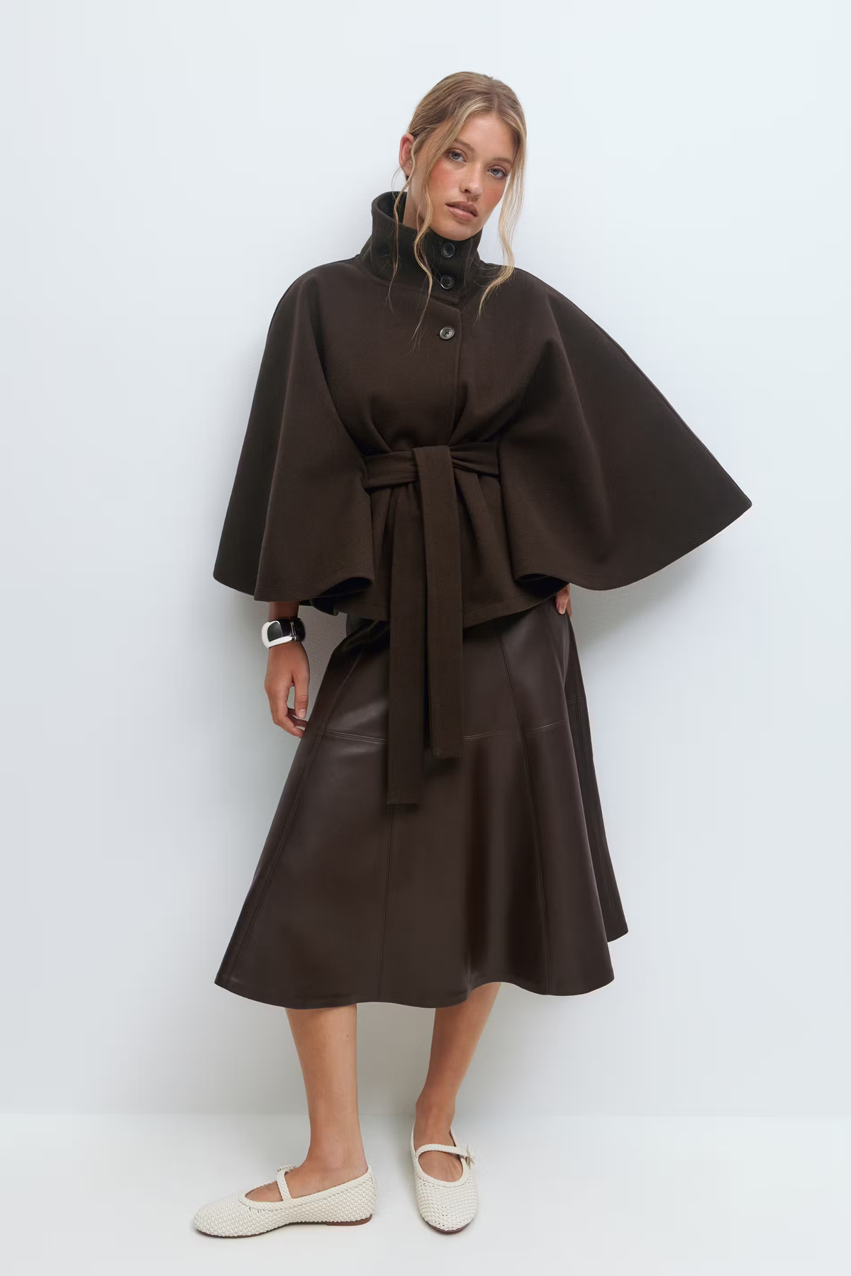 Cape Coat Belted Cream High Neck Women's – Casual, Office, Holiday, Gift · Faylori
