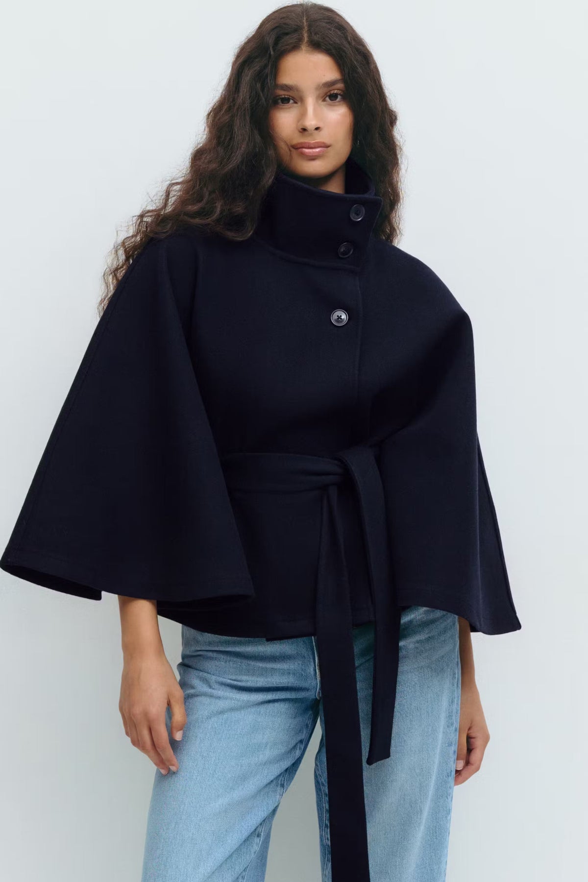 Cape Coat Belted Cream High Neck Women's – Casual, Office, Holiday, Gift · Faylori