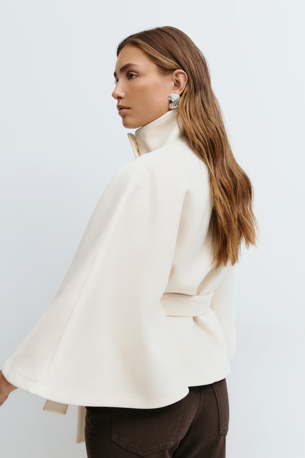 Cape Coat Belted Cream High Neck Women's – Casual, Office, Holiday, Gift · Faylori