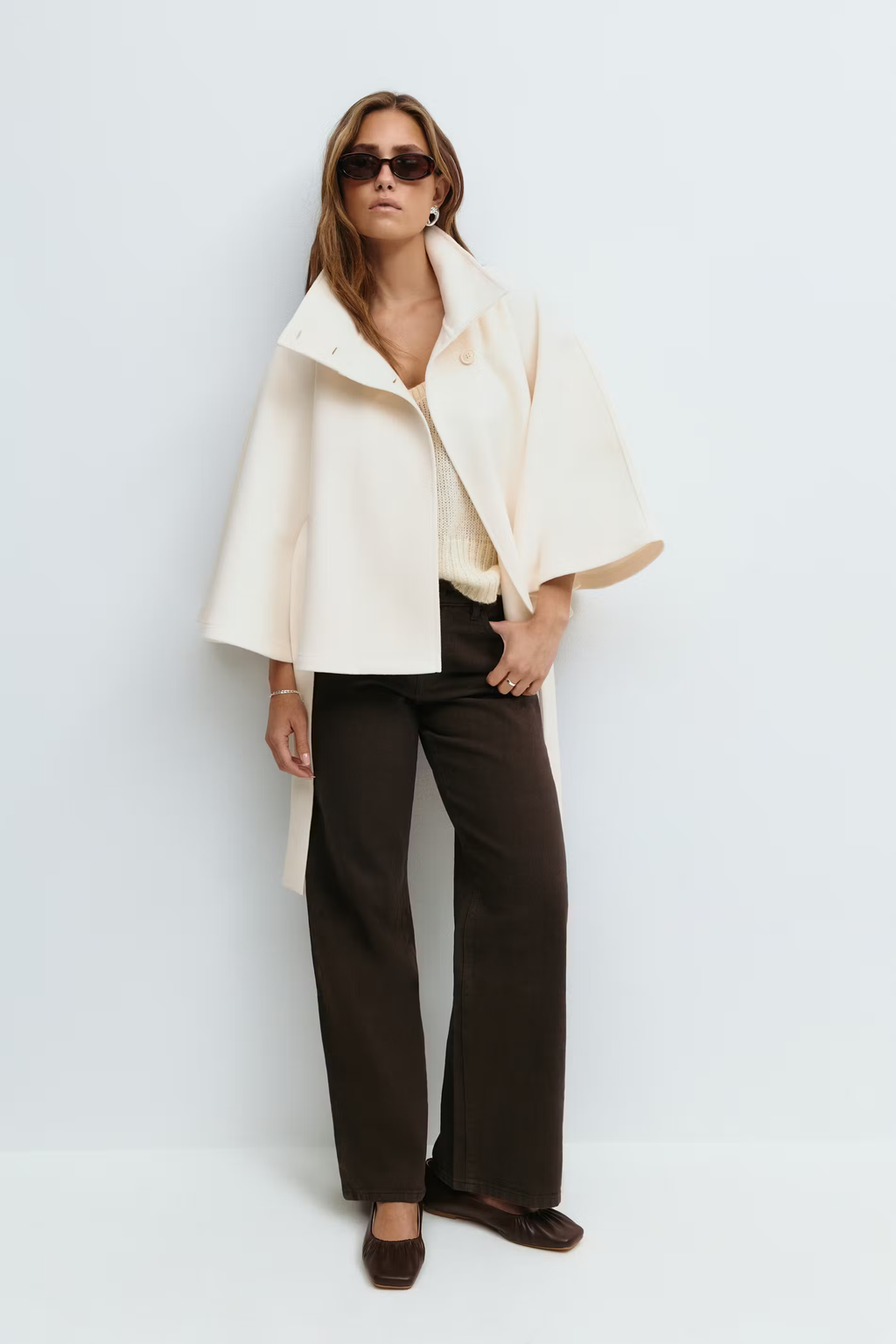 Cape Coat Belted Cream High Neck Women's – Casual, Office, Holiday, Gift · Faylori