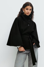 Cape Coat Belted Cream High Neck Women's – Casual, Office, Holiday, Gift · Faylori