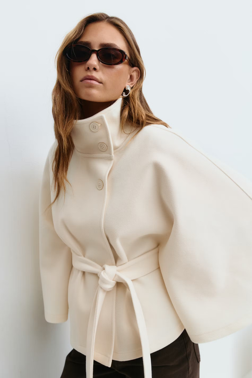 Cape Coat Belted Cream High Neck Women's – Casual, Office, Holiday, Gift · Faylori