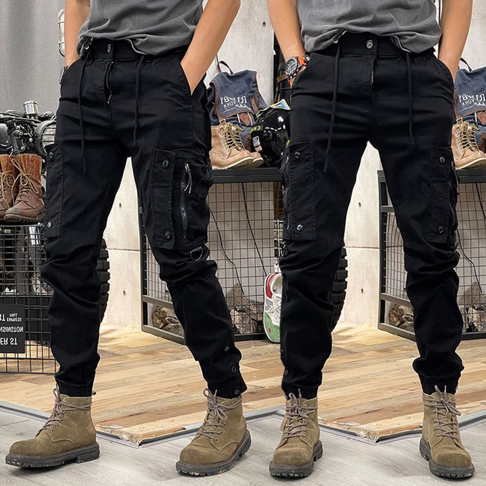 Cargo Pants Men's Multi-Pocket Khaki Drawstring Jogger Trousers – Casual, Outdoor Everyday Wear