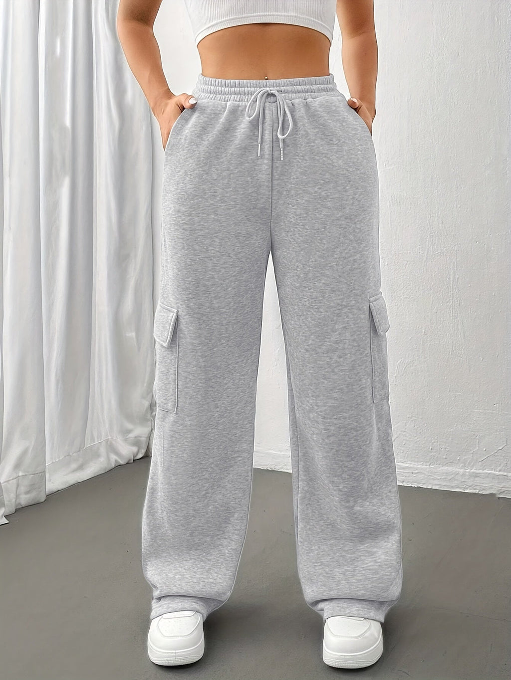 Cargo Sweatpants Women's Grey Relaxed Fit with Drawstring Pockets – Casual, Loungewear