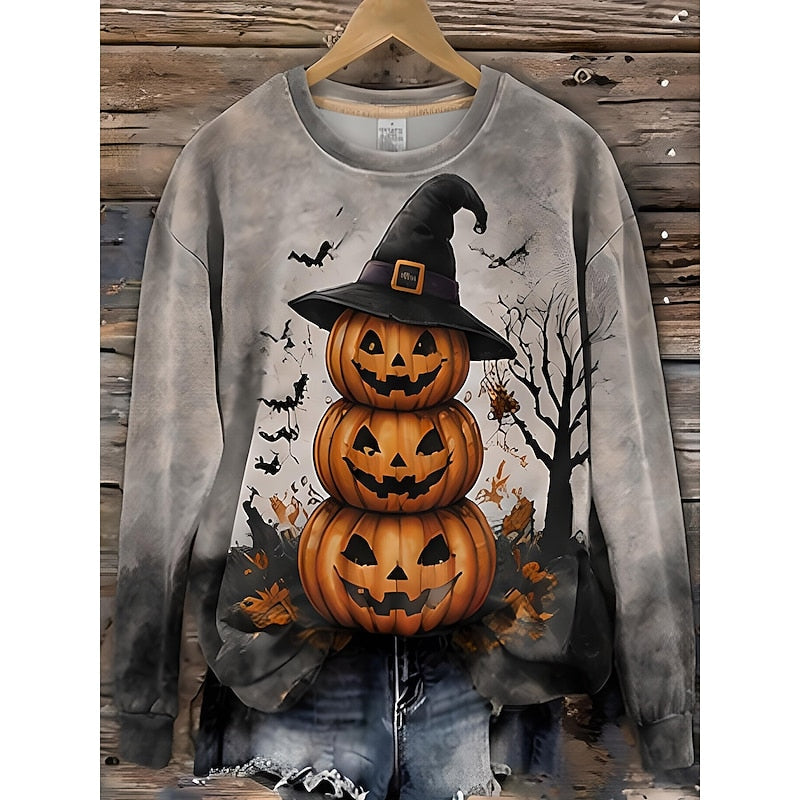 Cat Print Striped Sweatshirt Women's Orange Black Crewneck Pullover – Halloween, Casual