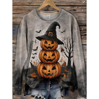 Cat Print Striped Sweatshirt Women's Orange Black Crewneck Pullover – Halloween, Casual