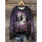 Cat Print Striped Sweatshirt Women's Orange Black Crewneck Pullover – Halloween, Casual